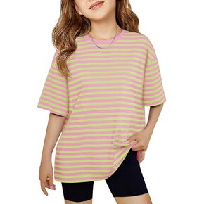 Haloumoning Girls Striped Short Sleeve T Shirts Kids Summer Oversized Tops Casual Crewneck Tees 5-14 Years