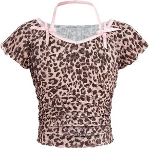 Girl's Leopard Print Bow T Shirt Halter Short Sleeve Fitted Ruched Y2K Tee Tops
