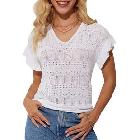 GRACE KARIN Women Hollow Out Crochet Knit V-Neck Sweater Ruffle Short Sleeve Casual Loose Fit Lightweight Summer Top