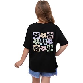 Girl's Floral Graphic Print Cute T Shirts Crew Neck Short Sleeve Clothes Loose Summer Cute Tops for Girls