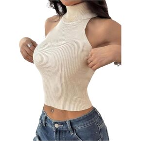 MakeMeChic Women's Turtleneck Halter Sleeveless Sweater Stretchy Knit Tank Crop Tops