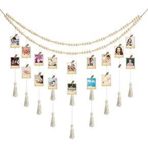 2 Pcs Boho Hanging Photo Display Wall Decor with 36 Pcs Wood Clips, Boho Wooden Beads Garland Collage Picture Card Frame Holder for Bedroom Living Room Dorm, Girls Gifts