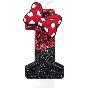 شمعة 2th للكعكة ، الأحمر مع Bowknot ، تناسب Minnie Mouse Party ، موضوع الفتيات الوردي