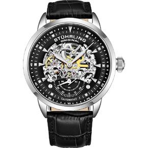 Stuhrling الأصلي رجال ساعة هيكل عظمي تلقائي - حزام جلدي أسود ، ساعة تنفيذية ميكانيكية الفضة التنفيذية