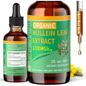 1700mg Mullein Drops for Lungs, Organic Mullein Leaf Extract for Lungs Cleanse, Mullein Supplement Tincture Drops for Immune & Respiratory Support, Non-GMO & Vegan, 2 Fl Oz (1)