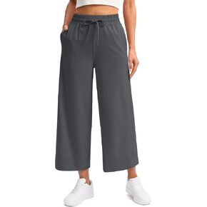SANTINY Lightweight Wide Leg Cropped Pants for Women High Waisted Loose Capris Lounge Casual Travel Pants with Pockets Summer