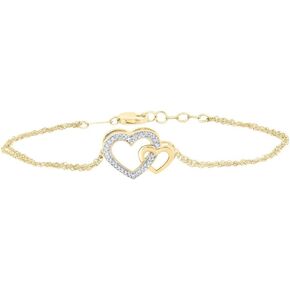 10K Yellow Gold Womens Round Diamond Double Heart Bracelet 1/10 Cttw