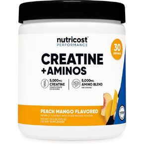 Nutricost Creatine + Aminos 30 Servings (Peach Mango Flavored) - 5,000mg Creatine Monohydrate + 5000mg Amino BCAA Blend Per Serving