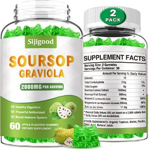 2 Pack Soursop Graviola Gummies - أوراق Soursop العضوية وخلاصة الفاكهة - مساعدة الجهاز الهضمي ، ودعم المناعة وخصائص مضادات الأكسدة - 120 من النكهة المنكهة التفاح