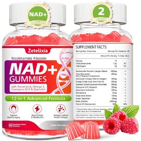 2 Pack 12 in 1 NAD+ Gummies, NAD Supplements for Women & Men, NAD+ with Nicotinamide Riboside, Resveratrol, Quercetin for Anti-Aging, Cell Regeneration, DNA Repair, Raspberry Flavor, 120Ct