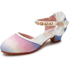 Mei MACLEOD Girls Dress Shoes Low Heel Princess Heels Sparkly with Pearl Bowknot for Wedding Party