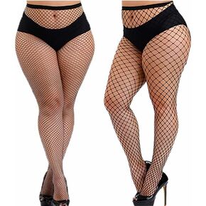 E-Laurels Plus Size Fishnet Stockings for Women,Plus Size Sexy Fishnets Tights-2 Pairs,Halloween Fish Net Stockings