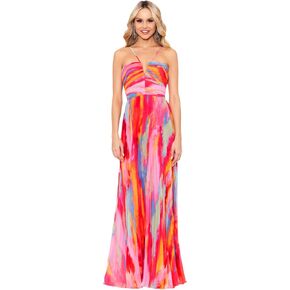 Xscape Women's Sleeveless Long Halter Neck Print Dress, Fushia Multi, 2