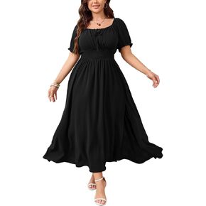 Women's Plus Size Maxi Dress Short Sleeve Smocked Square Neck Tie Front Split A-Line Flowy Long Dresses
