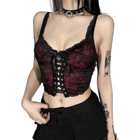 Goth Lace Up Tank Tops for Women Summer Red Lace Camisoles Gothic Corset Crop Top Spaghetti Strap V Neck Tie Front