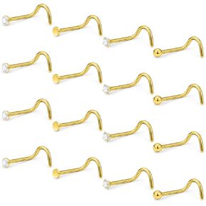 Hoeudjo Nose Studs Surgical Steel Cubic Zirconia Nose Rings Kit for Women Men Screw & Bone & L Shaped Nostril Rings Piercing Jewelry 20 Gauge 16 Pieces