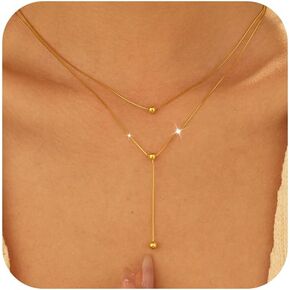 Y Shaped Layer Bead Pendant Necklaces for Women Mom 925 Sterling Silver Dainty Long Chain Necklace 14K Gold Plated Round Balls Multilayer Adjustable Trendy Drop Choker Graduation Gift Jewelry for Her