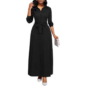 MsavigVice Maxi Dresses for Women V Neck Long Sleeves Button Down Chruch Dresses Loose Big Swing Long Dress with Pockets