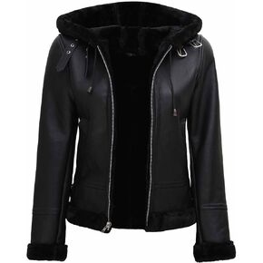 Blingsoul Disc Shearling Leather Jacket Women | [1309285] Grace Black Hooded, XL
