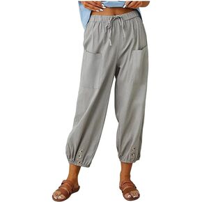 Womens Capri Pants Cotton Linen Cropped Trousers Summer Wide Leg Drawstring High Waist Palazzo Pants with Pockets
