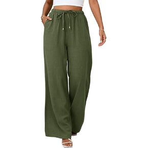 Womens Linen Pants High Waist Wide Leg Pant Casual Summer Palazzo Pants Loose Flowy Beach Trousers with Pockets