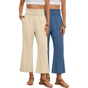 2 Pack Women's Linen Pants, High Waist Cropped Wide Leg Loose Pants with Pockets Flowy Palazzo Beach Trousers