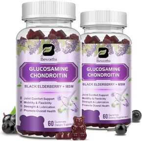 (2 عبوة) غلوكوزامين شوندرويتتين ، ملحق دعم مشترك القوة الإضافية مع MSM & Elderberry للتنقل والمرونة ، دعم مضادات الأكسدة للرجال والنساء ، 120 Gummies