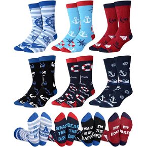 6 Pairs Boating Socks for Men Sailing Nautical Ships Boats Novelty Casual Crew Socks Cruising Cool Gifts for Boat Owners