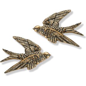 AMOIENSIS Bird Wall Art Decoration Sculpture(Set of 2) 4¾ inch Resin Bird Wall Hanging Decor 3D Sculpted Floating Wall Sculpture, Antique Golden Accent 3D Birds Living Room Wall Hanging Ornament Decor in Kuwait