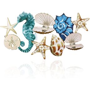 Pinkunn Metal Beach Wall Decor Seashell Beach Themed Bathroom Decor Rustic Nautical Ocean Coastal Starfish Seahorse Themed Wall Art for Living Room Bathroom Bedroom,15.8 Inch(Aqua Blue)