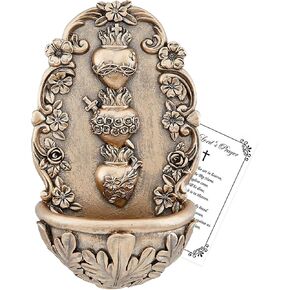 Holy Water Font for Home Catholic Decor - Bronze Finish Sacred Heart Holy Water Holder for Wall, Lord's Prayer Card - Holy Water Font for Wall, Altar, Home - Fuente De Agua Bendita - 2 Items Set