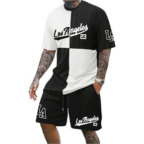 Men's 2 Piece Outfits Number Graphic Short Sleeve Shirts & Drawstring Waist Track Shorts Tracksuits Set