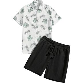 OYOANGLE Men's 2 Piece Outfits Boho Tropical Print Short Sleeve Shirt and Drawstring Waist Shorts Set Tracksuit
