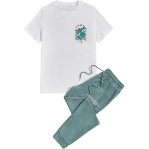 Men's 2 Piece Outfits Graphic Crewneck Short Sleeve Tee and Drawstring Waist Jogger Pants Set