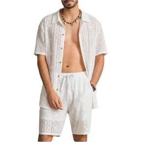 Verdusa Men's 2 Piece Hawaii Outfits Sheer Short Sleeve Button Down Shirts and Shorts Set