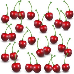 50 PCS Artificial Red Cherries, Fake Cherry Model Lifelike Fruit Cherry Ornament Simulation Cherry Fake Fruit Model Fake Candy for Party Home Kitchen Dining Decoration (Black Red)