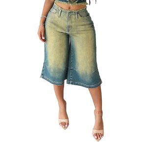 LETSVDO Womens Baggy Ripped Denim Shorts High Waist Straight Wide Leg Distressed Y2k Casual Bermuda Cargo Jean Shorts