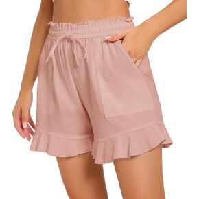 Womens Linen Shorts Summer Casual High Wasited Ruffle Wide Leg Drawstring Beach Loose Shorts