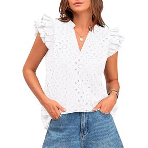BTFBM Women Summer Eyelet Tops Dressy Casual V Neck Ruffle Cap Sleeve Cotton Boho Shirts Lace Embroidered Blouses 2025