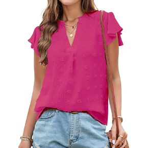 Womens Blouse V Neck Ruffle Short Sleeve Flowy Shirts Dressy Casual Cute Summer Tops Tunic Fashion Clothes