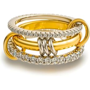 Gold Stackable Rings for Women, Non-Tarnish 18k Gold Plated Cubic Zirconia Rings, Dainty Silver and Gold Mixed Metal Multi-Link Connected Ring Set