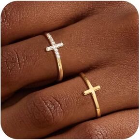 Moodear Dainty 2pcs Cross Ring Set - رقيقة 14K الذهب مطلي بالإبهام القابلة للتكديس خواتم تشيك تايمز غير مشوهة للنساء حجم المجوهرات العصرية 5-10