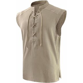 Mens Medieval Pirate Lace-up Sleeveless Shirt, Renaissance Viking Stand Collar Top, Steampunk Gothic Costume Tunic(Beige, XL)