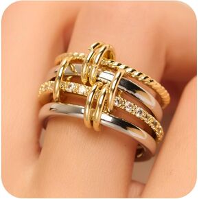 3/4PC Stackable Rings for Women Non Tarnish,14k Gold Plated Dainty Stacking Cubic Zirconia Thumb Rings,Silver Gold Multi Ring Mixed Metals Stack Rings Set