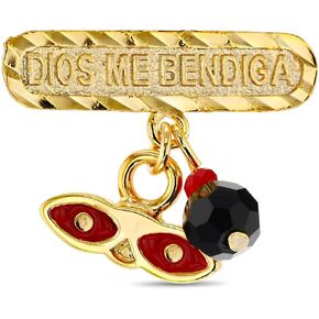 Gold Plated Religious St Lucy Simulated Azabache Evil Eye Protection Brooch Pin for Babies, Infants, and Toddlers - Red Enamel Saint Lucy Eyes Charm Dios Me Bendiga Brooch Pin
