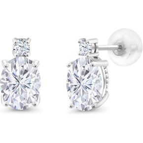 Gem Stone King 14K White Gold Gemstone Birthstone and White Created Sapphire Stud Earrings For Women | Oval 8X6MM | Round 2.5MM | Elegant Two-Stone Design | Classic Fine Jewelry Earrings