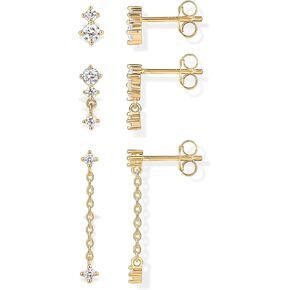 PAVOI 14K Gold Plated Sterling Silver Posts Dainty Stud and Dangle Chain Earring Pack for Women | Set of 3 Cubic Zirconia Earrings