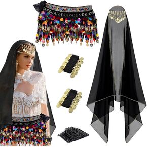 4Pcs Belly Dancer Outfit Sets, Chiffon Head Scarf with Head Piece, Belly Dancing Hip Scarf with Sequins Coins, 2 Gold Coin Wrist Bracelets, 50 Bobby Pins, Belly Dancer Costumes for Women