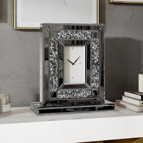 SHYFOY Mirrored Desk Clock, Decorative Table Clocks with Crushed Diamond 13.2x11.8 Luxury Rectangular Crystal Clock with Glass Beveled, Non-Ticking Silver Clocks for Living Room Office Tabletop
