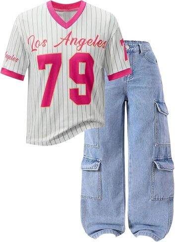 Girl's Number Letter Graphic Jersey Shirts Y2K Striped Short Sleeve V Neck Loose Top in Saudi Arabia
